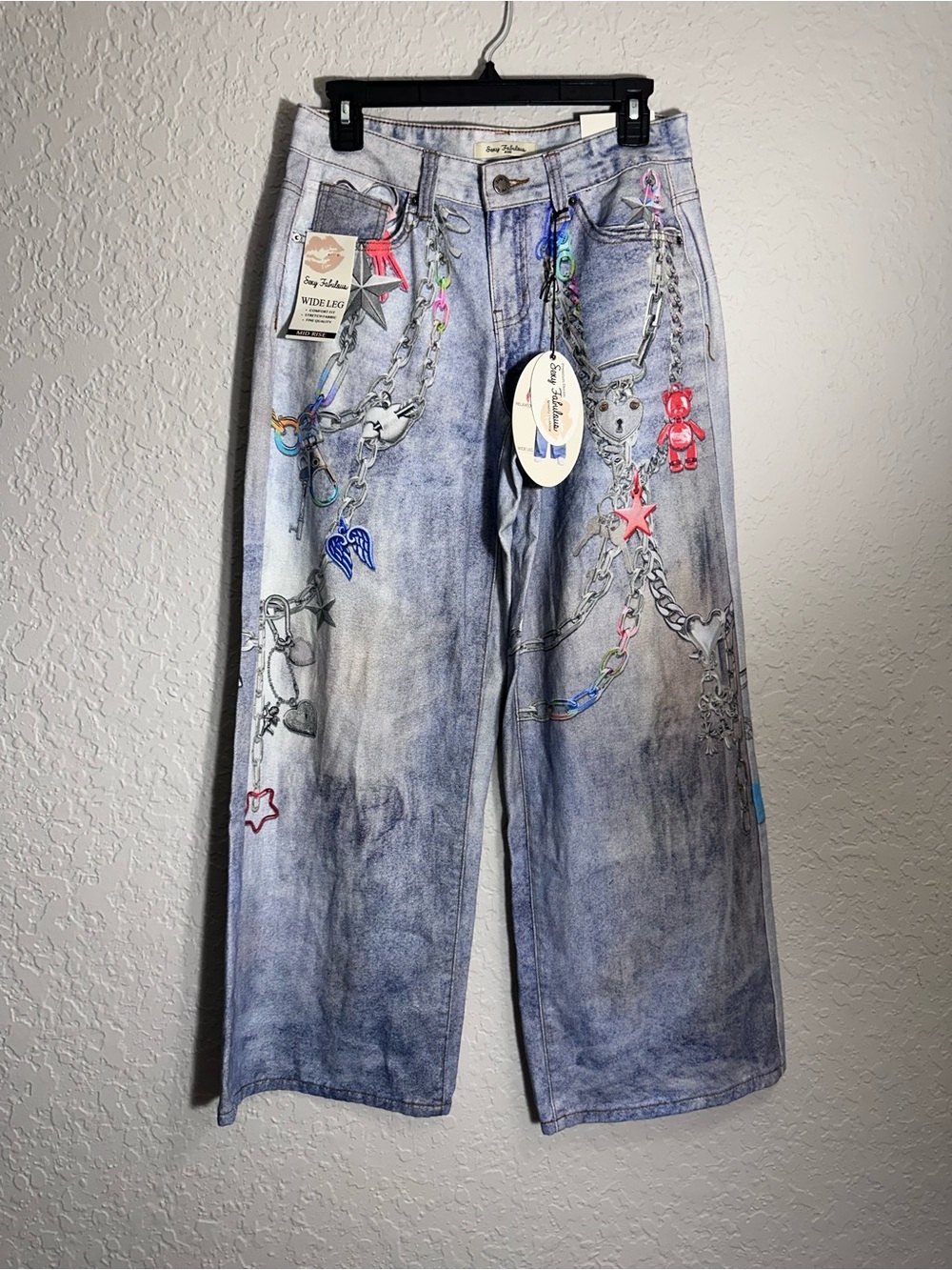 Embellished Light Wash Wide Leg Jeans -